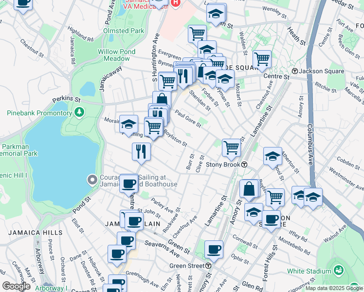 map of restaurants, bars, coffee shops, grocery stores, and more near 25 Boylston Street in Boston