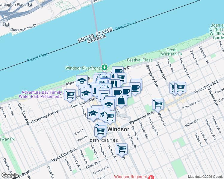 map of restaurants, bars, coffee shops, grocery stores, and more near 73 University Avenue East in Windsor