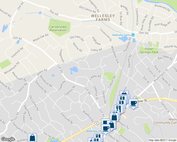map of restaurants, bars, coffee shops, grocery stores, and more near 63 Hundreds Circle in Wellesley