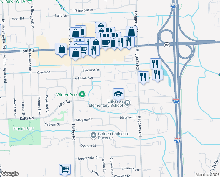 map of restaurants, bars, coffee shops, grocery stores, and more near 41594 Haggerty Woods Court in Canton