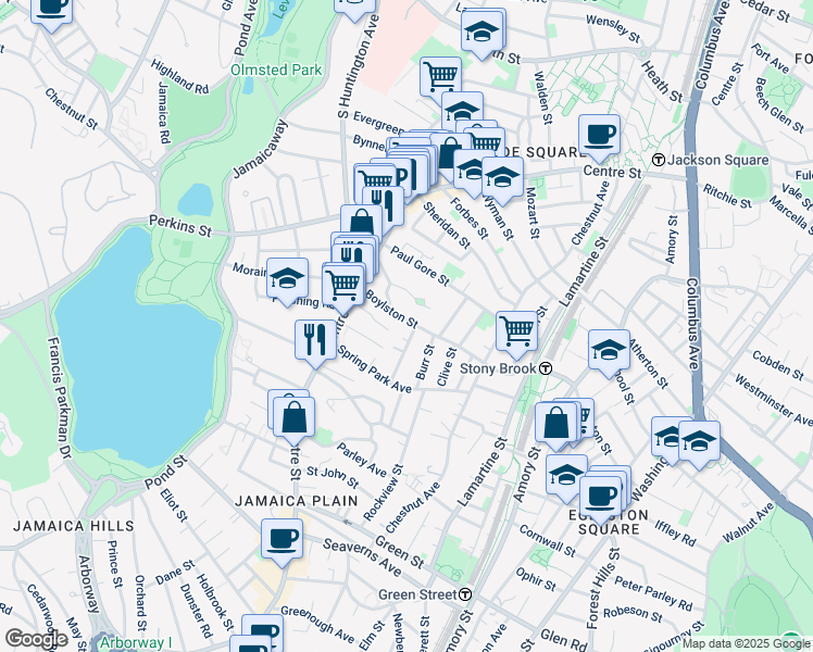 map of restaurants, bars, coffee shops, grocery stores, and more near 25 Boylston Street in Boston