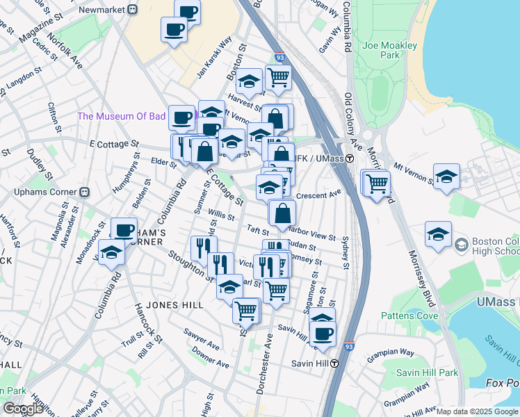 map of restaurants, bars, coffee shops, grocery stores, and more near 15 Howes Street in Boston