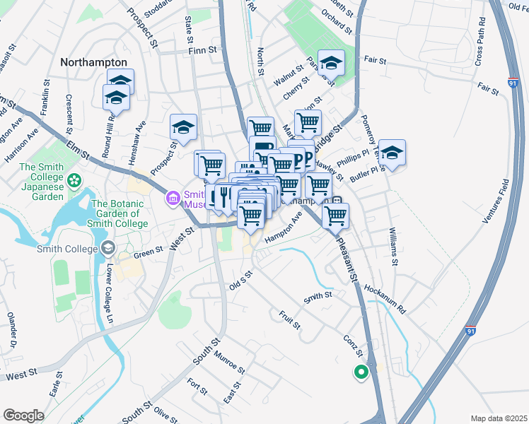 map of restaurants, bars, coffee shops, grocery stores, and more near 184 Main Street in Northampton