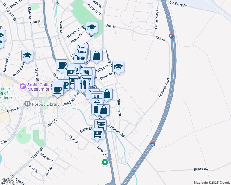 map of restaurants, bars, coffee shops, grocery stores, and more near 102 Hawley Street in Northampton