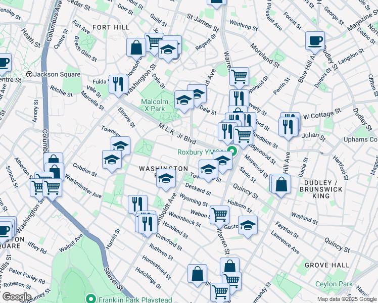 map of restaurants, bars, coffee shops, grocery stores, and more near 71 Humboldt Avenue in Boston