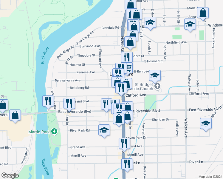 map of restaurants, bars, coffee shops, grocery stores, and more near 415 Belteberg Road in Loves Park