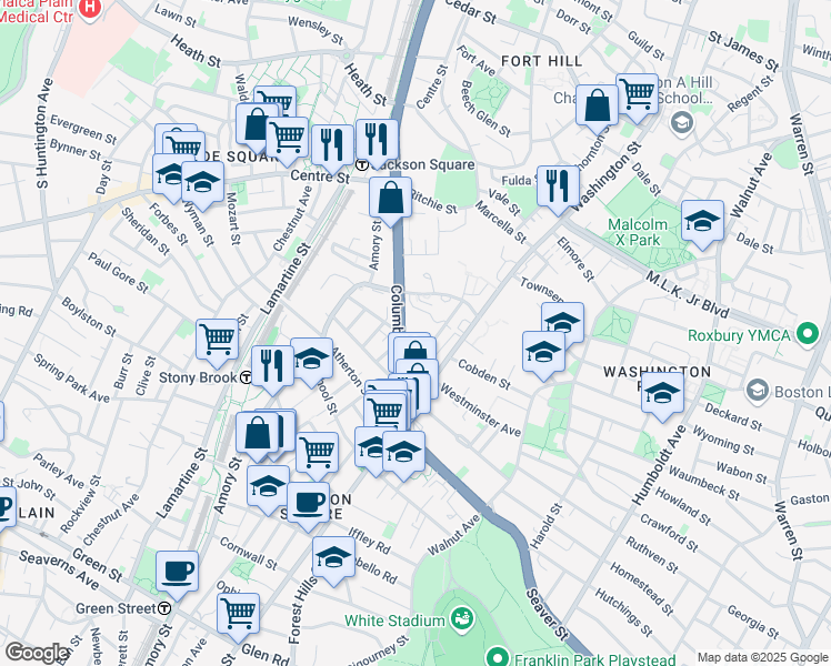 map of restaurants, bars, coffee shops, grocery stores, and more near 1870 Columbus Avenue in Boston