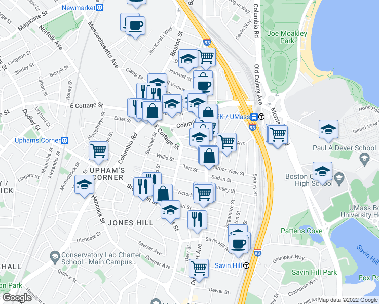 map of restaurants, bars, coffee shops, grocery stores, and more near 15 Howes Street in Boston