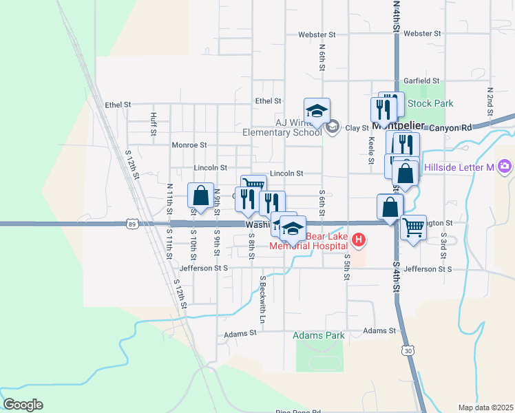 map of restaurants, bars, coffee shops, grocery stores, and more near 736 Washington Street in Montpelier