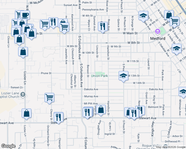 map of restaurants, bars, coffee shops, grocery stores, and more near 520 Plum Street in Medford