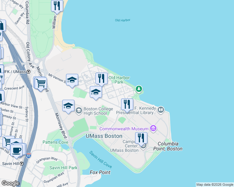 map of restaurants, bars, coffee shops, grocery stores, and more near 15 South Point Drive in Boston