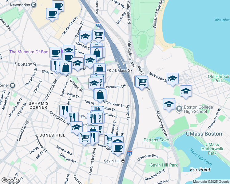 map of restaurants, bars, coffee shops, grocery stores, and more near 29 Raven Street in Boston