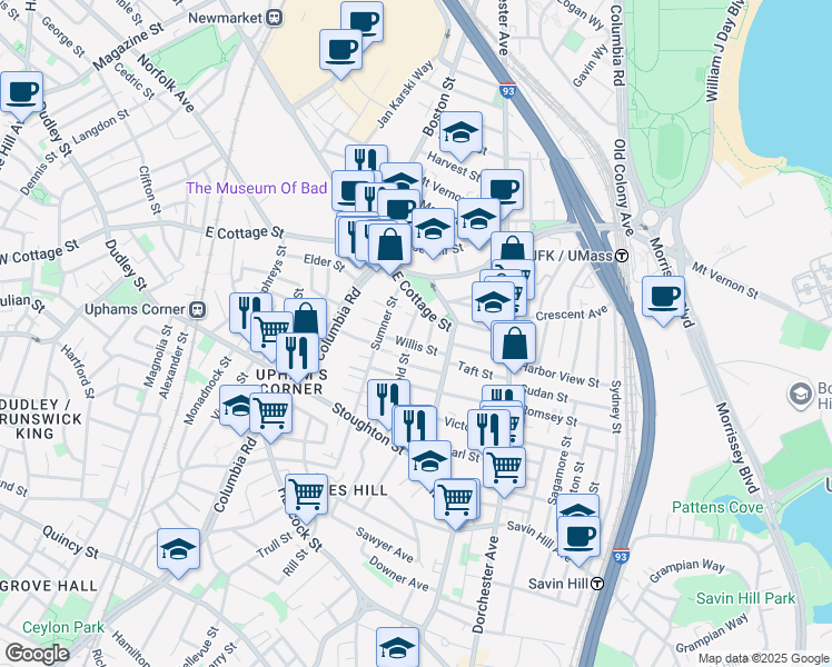 map of restaurants, bars, coffee shops, grocery stores, and more near 3 Bakersfield Street in Boston