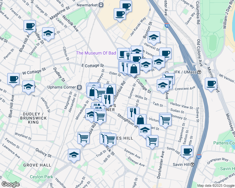 map of restaurants, bars, coffee shops, grocery stores, and more near 622 Columbia Road in Boston