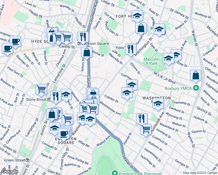 map of restaurants, bars, coffee shops, grocery stores, and more near 2928 Washington Street in Boston