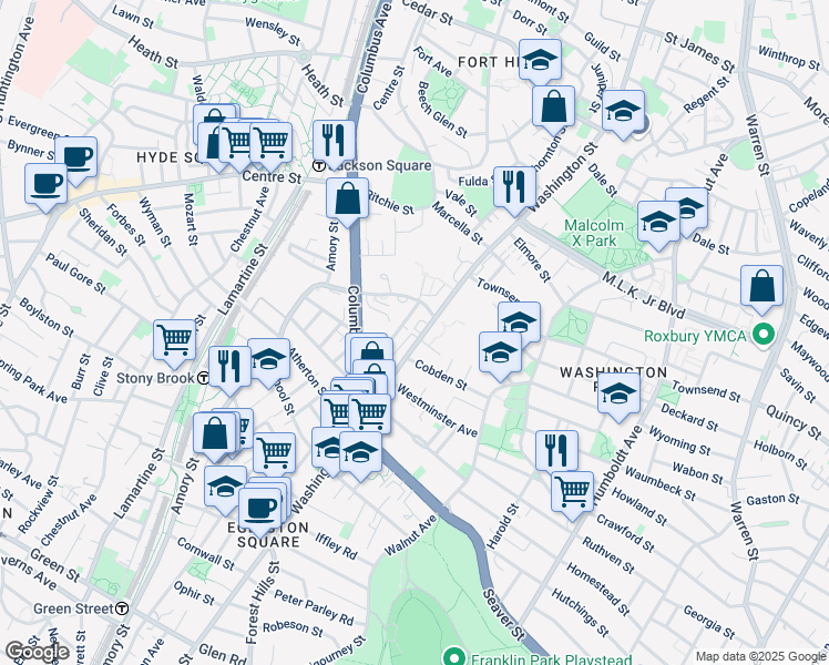 map of restaurants, bars, coffee shops, grocery stores, and more near 2928 Washington Street in Boston
