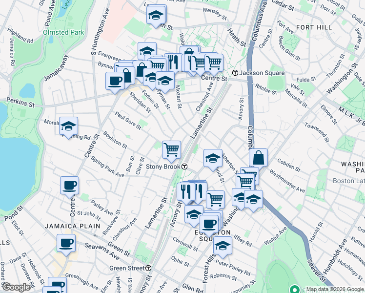 map of restaurants, bars, coffee shops, grocery stores, and more near 155 Lamartine Street in Boston