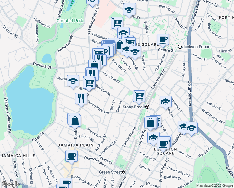 map of restaurants, bars, coffee shops, grocery stores, and more near 35 Boylston Street in Boston