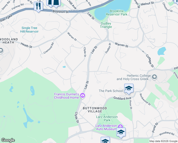 map of restaurants, bars, coffee shops, grocery stores, and more near 9 Sears Road in Brookline