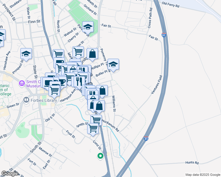 map of restaurants, bars, coffee shops, grocery stores, and more near 102 Hawley Street in Northampton