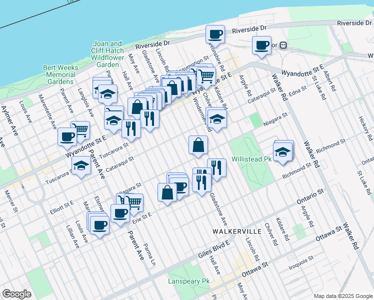map of restaurants, bars, coffee shops, grocery stores, and more near in Windsor