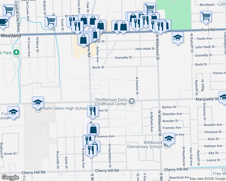 map of restaurants, bars, coffee shops, grocery stores, and more near 1112 North Wayne Road in Westland