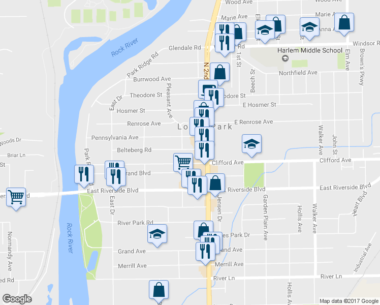 map of restaurants, bars, coffee shops, grocery stores, and more near 406 Clifford Avenue in Loves Park