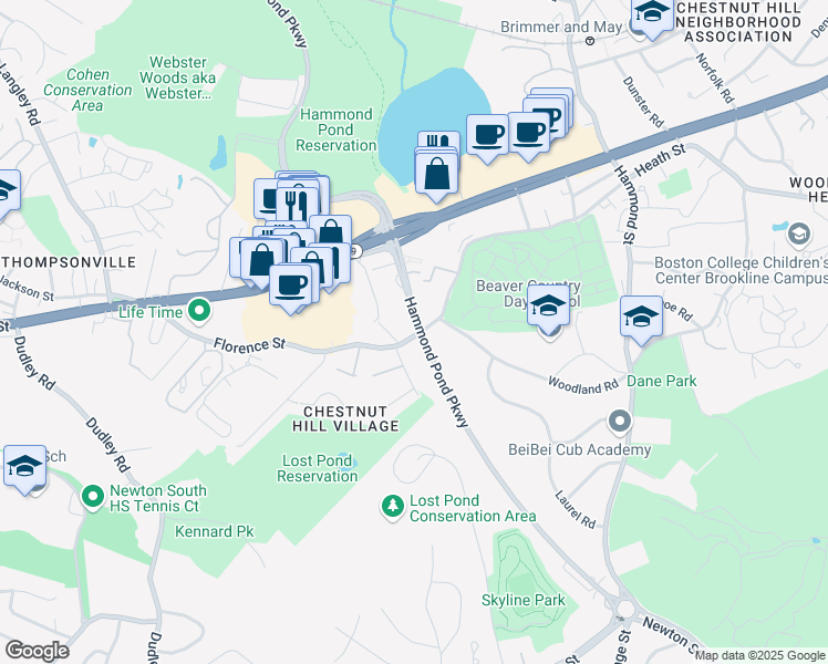 map of restaurants, bars, coffee shops, grocery stores, and more near 250 Hammond Pond Parkway in Brookline