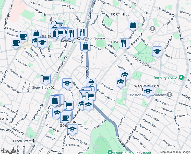 map of restaurants, bars, coffee shops, grocery stores, and more near 2984 Washington Street in Boston