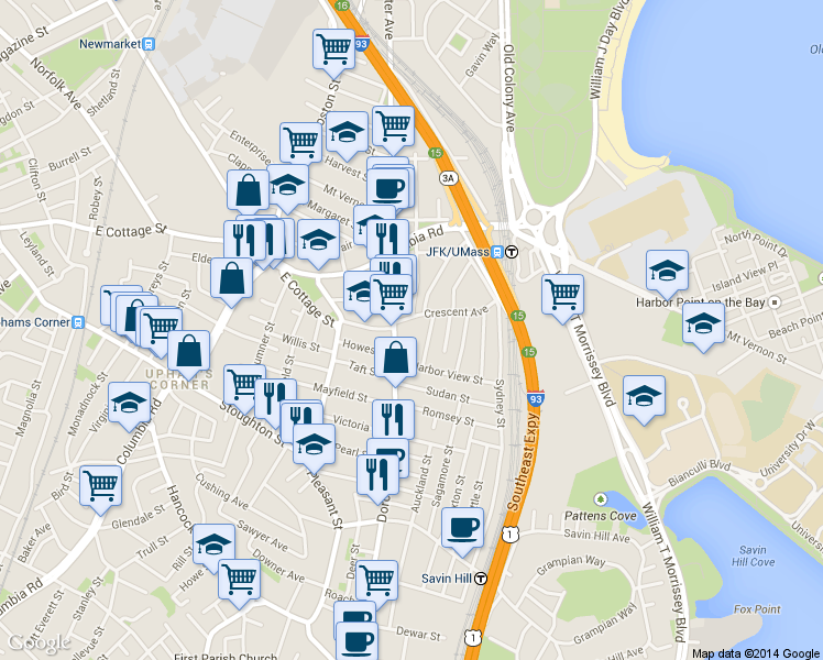 map of restaurants, bars, coffee shops, grocery stores, and more near 266 Quincy Street in Boston