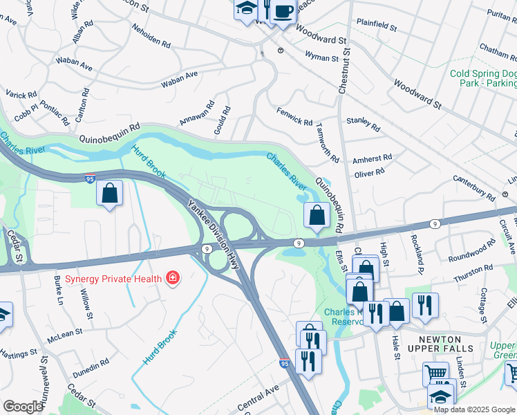 map of restaurants, bars, coffee shops, grocery stores, and more near 40 William Street in Wellesley