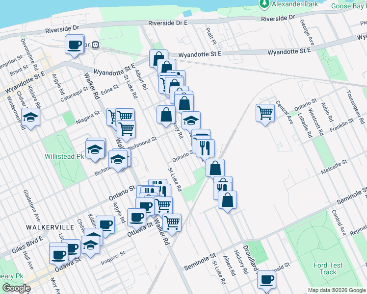 map of restaurants, bars, coffee shops, grocery stores, and more near 1191 Hickory Road in Windsor