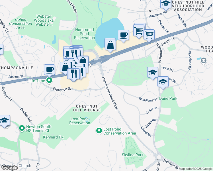 map of restaurants, bars, coffee shops, grocery stores, and more near 274 Hammond Pond Parkway in Brookline