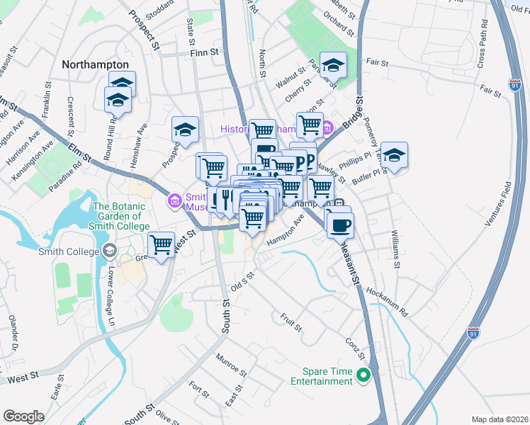 map of restaurants, bars, coffee shops, grocery stores, and more near 150 Main Street in Northampton