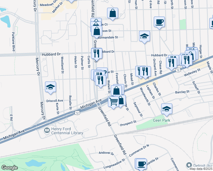 map of restaurants, bars, coffee shops, grocery stores, and more near 4550 Walwit Street in Dearborn