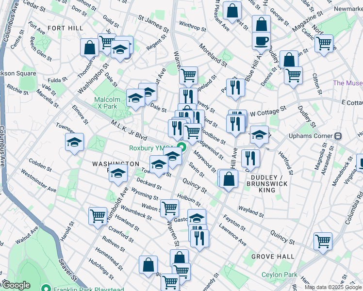 map of restaurants, bars, coffee shops, grocery stores, and more near 330 Martin Luther King Jr Boulevard in Boston