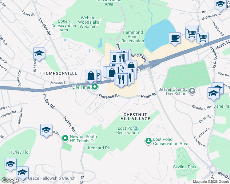 map of restaurants, bars, coffee shops, grocery stores, and more near 116 Florence Street in Newton