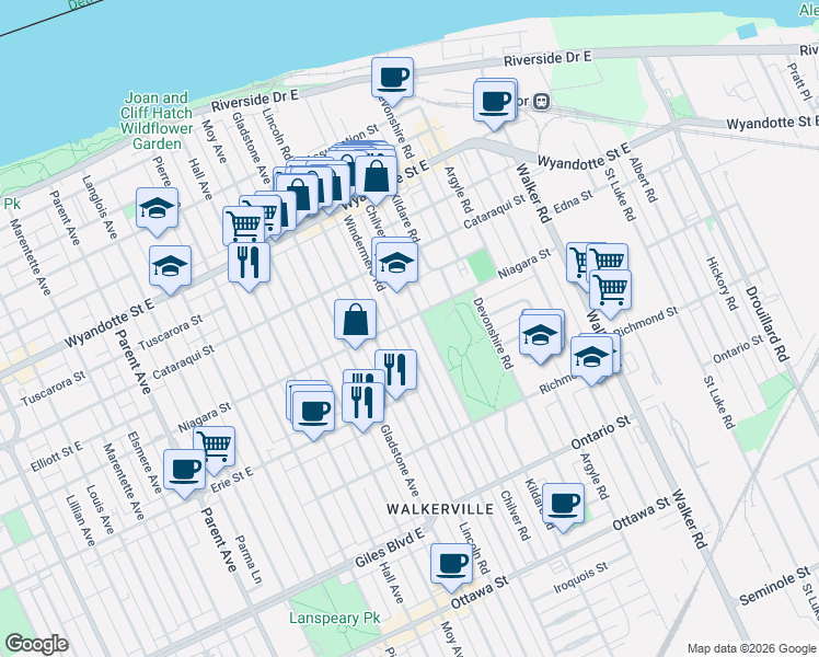 map of restaurants, bars, coffee shops, grocery stores, and more near in Windsor