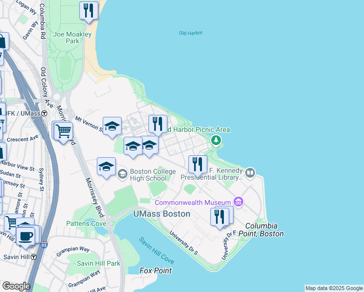 map of restaurants, bars, coffee shops, grocery stores, and more near 15 South Point Drive in Boston