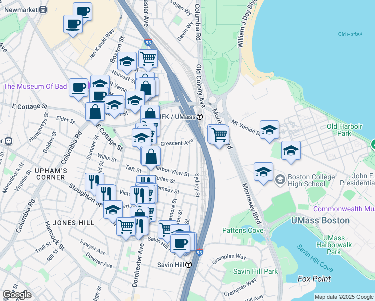 map of restaurants, bars, coffee shops, grocery stores, and more near 21 Spring Garden Street in Boston