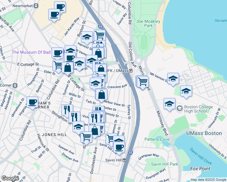 map of restaurants, bars, coffee shops, grocery stores, and more near 29 Raven Street in Boston