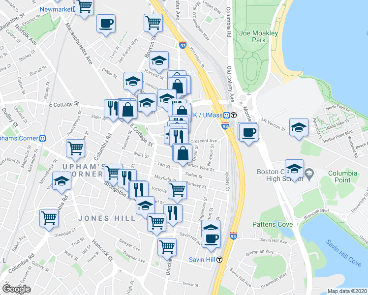 map of restaurants, bars, coffee shops, grocery stores, and more near 948 Dorchester Avenue in Boston
