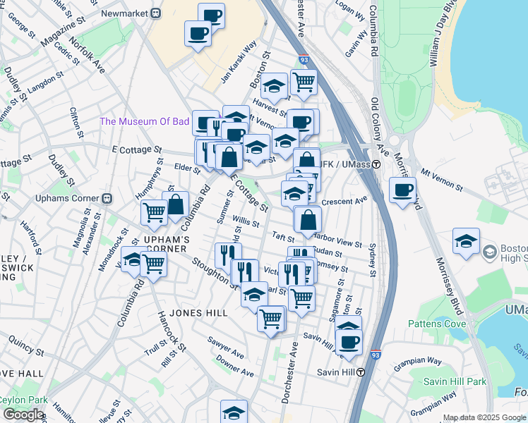 map of restaurants, bars, coffee shops, grocery stores, and more near 9 Willis Street in Boston
