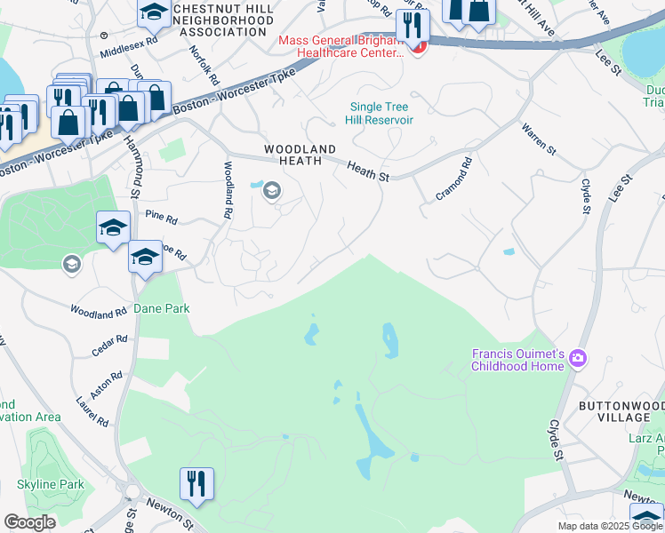 map of restaurants, bars, coffee shops, grocery stores, and more near 132 Yarmouth Road in Brookline