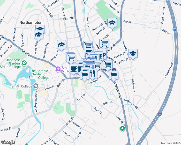 map of restaurants, bars, coffee shops, grocery stores, and more near 85 Hampton Avenue in Northampton