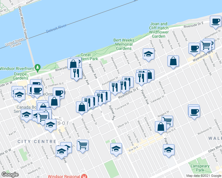 map of restaurants, bars, coffee shops, grocery stores, and more near 671 Brant Street in Windsor