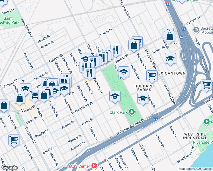 map of restaurants, bars, coffee shops, grocery stores, and more near 1540 Mc Kinstry Street in Detroit