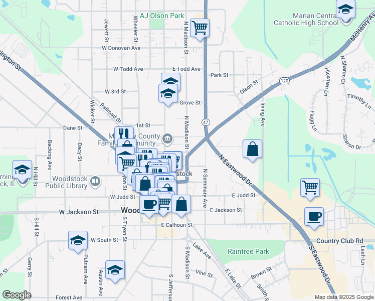 map of restaurants, bars, coffee shops, grocery stores, and more near 416 North Madison Street in Woodstock