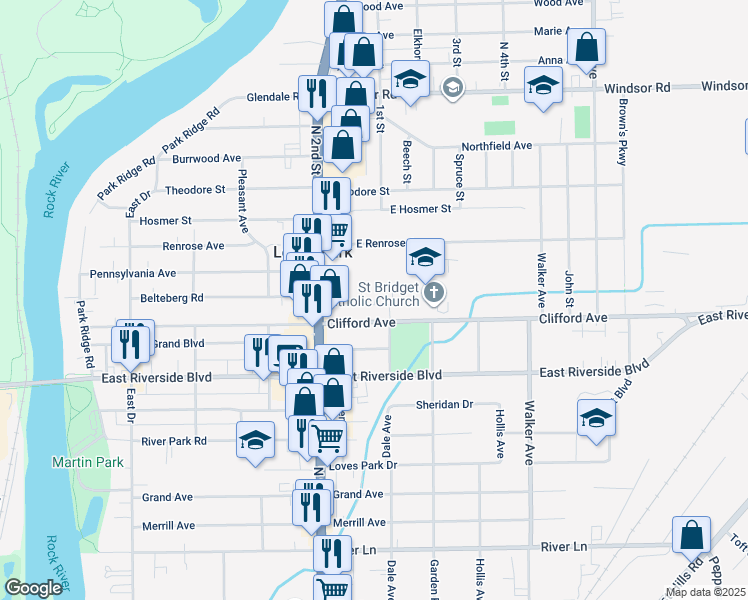 map of restaurants, bars, coffee shops, grocery stores, and more near 538 Clifford Avenue in Loves Park
