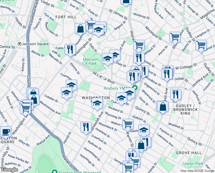 map of restaurants, bars, coffee shops, grocery stores, and more near 71 Humboldt Avenue in Boston